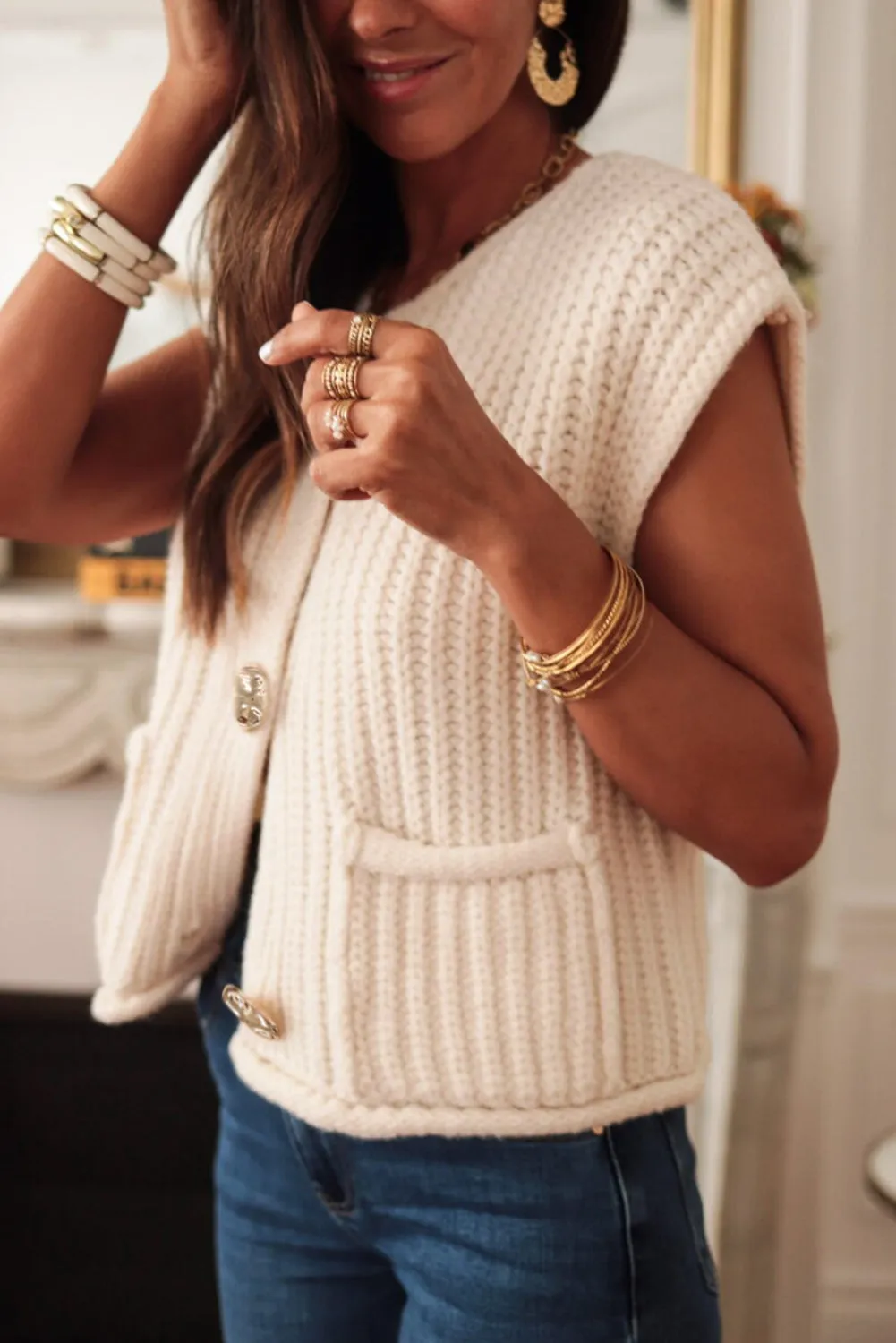 White Solid Textured Knit Side Pockets Buttoned Sweater Vest sold by Beagle Boutique product image thumbnail 3