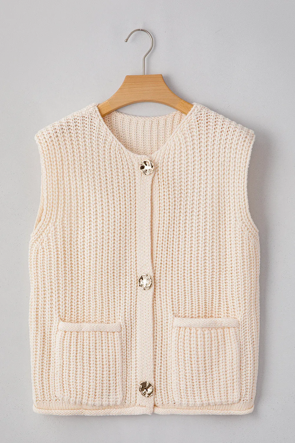 White Solid Textured Knit Side Pockets Buttoned Sweater Vest sold by Beagle Boutique product image thumbnail 4