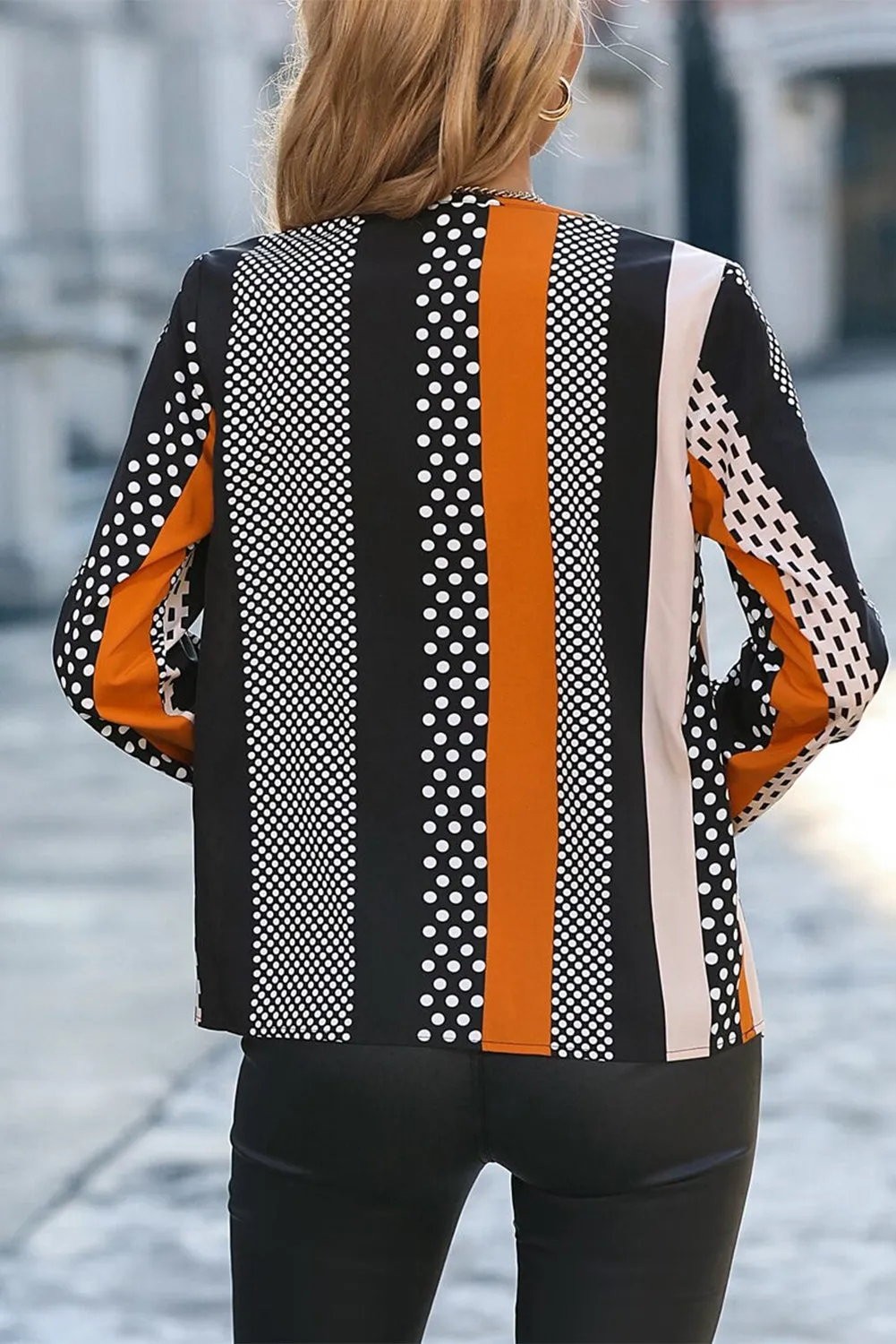 Orange Geo Print Colourblock Notched V Neck Blouse sold by Beagle Boutique product image thumbnail 2