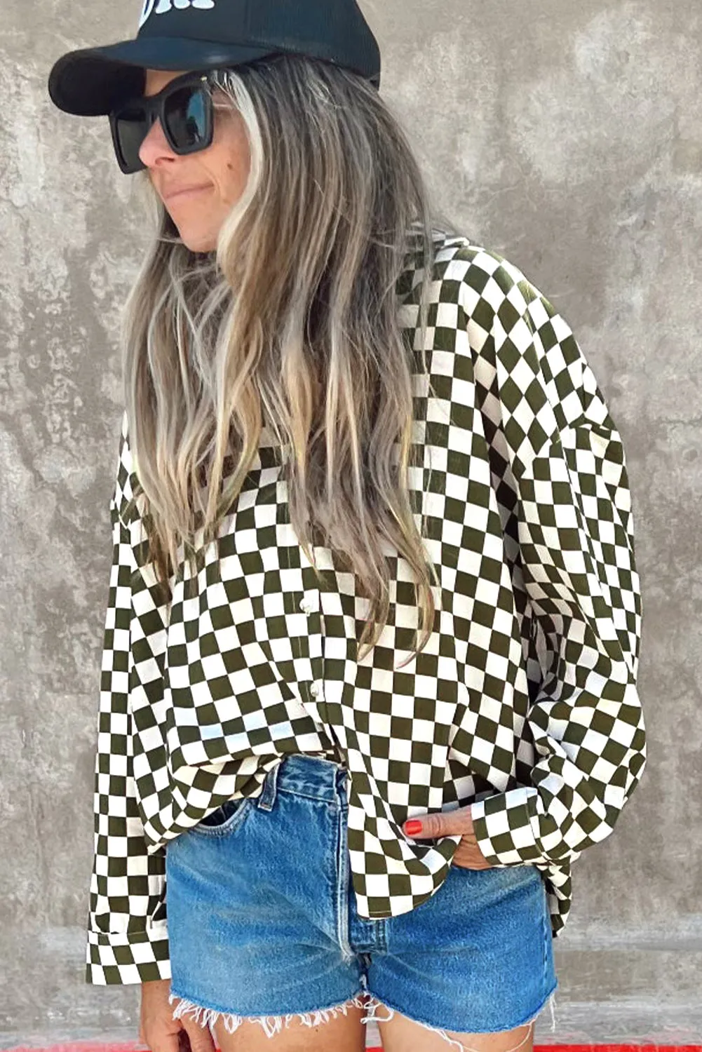 Green Checkerboard Printed Drop Shoulder Loose Casual Shirt sold by Beagle Boutique product image thumbnail 2