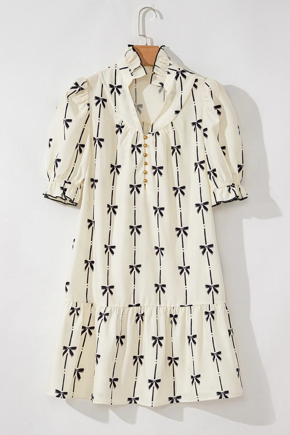 Beige Cute Bowknot Printed Bubble Sleeve V Neck Mini Dress sold by Beagle Boutique