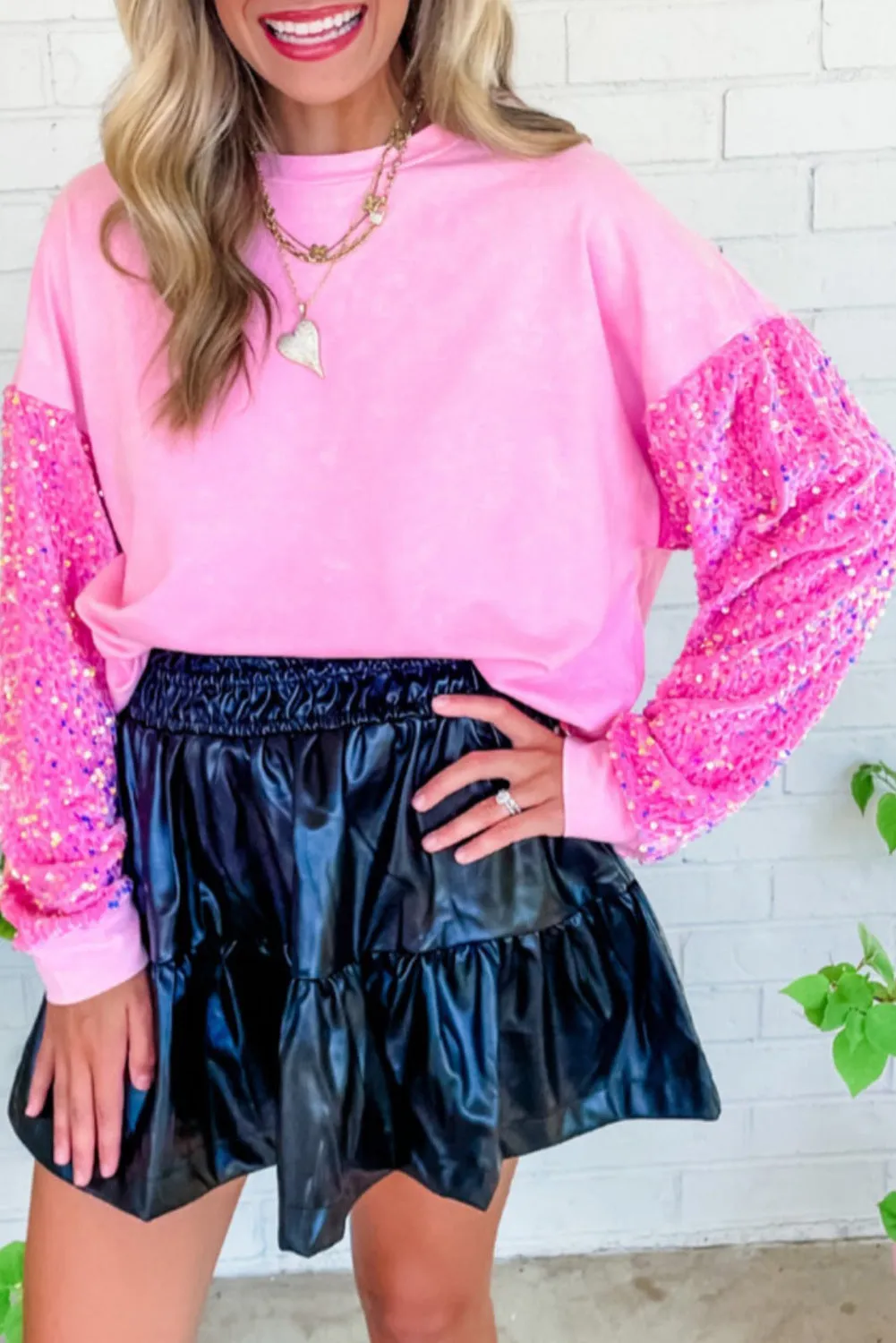 Pink Sequin Patchwork Long Sleeve Pullover Top sold by Beagle Boutique product image thumbnail 3