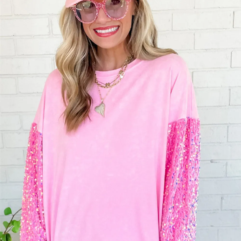 Pink Sequin Patchwork Long Sleeve Pullover Top sold by Beagle Boutique product image thumbnail 5