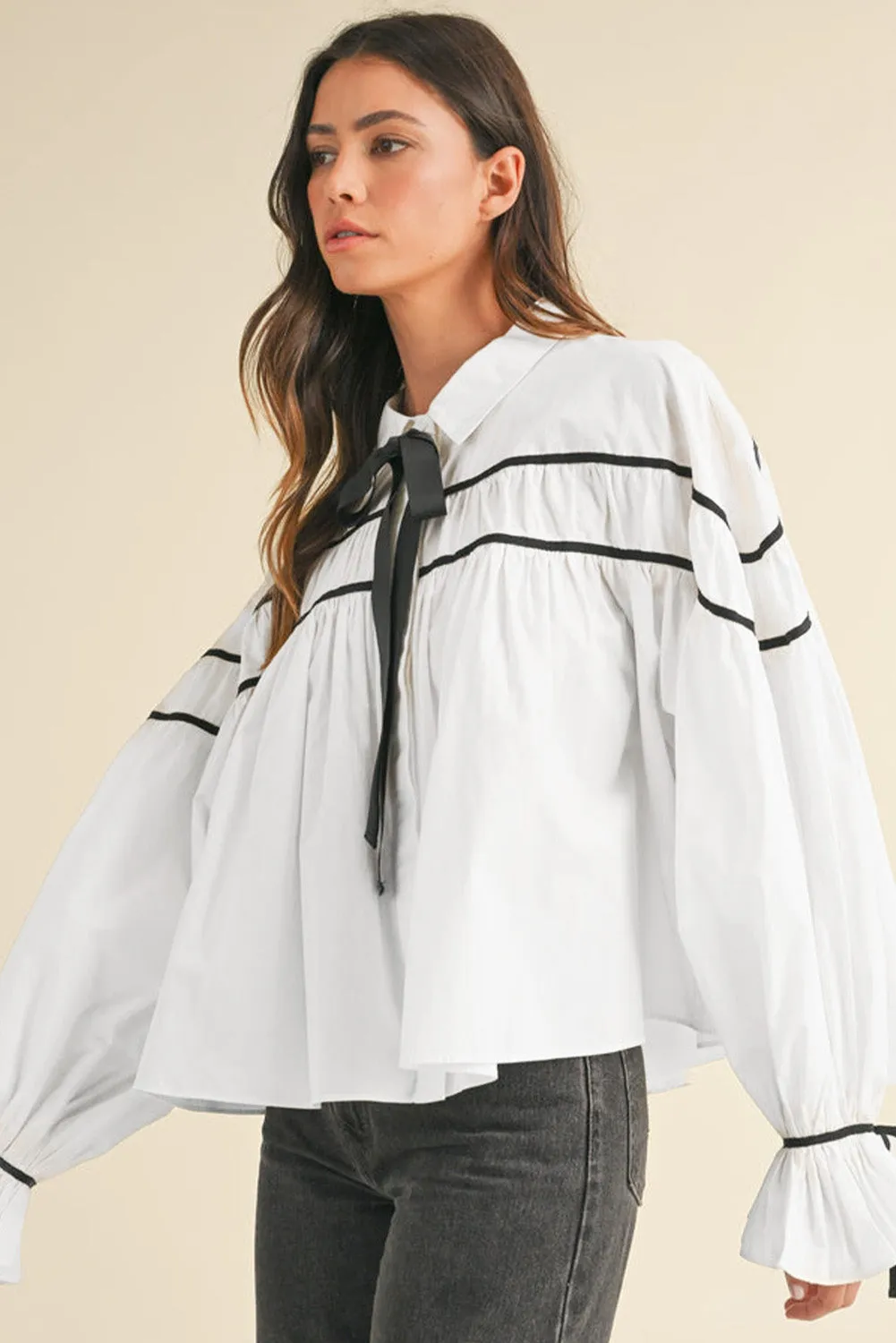 White Black Pipping Ribbon Bowtie Collared Ruffled Puff Sleeve Shirt sold by Beagle Boutique product image thumbnail 3