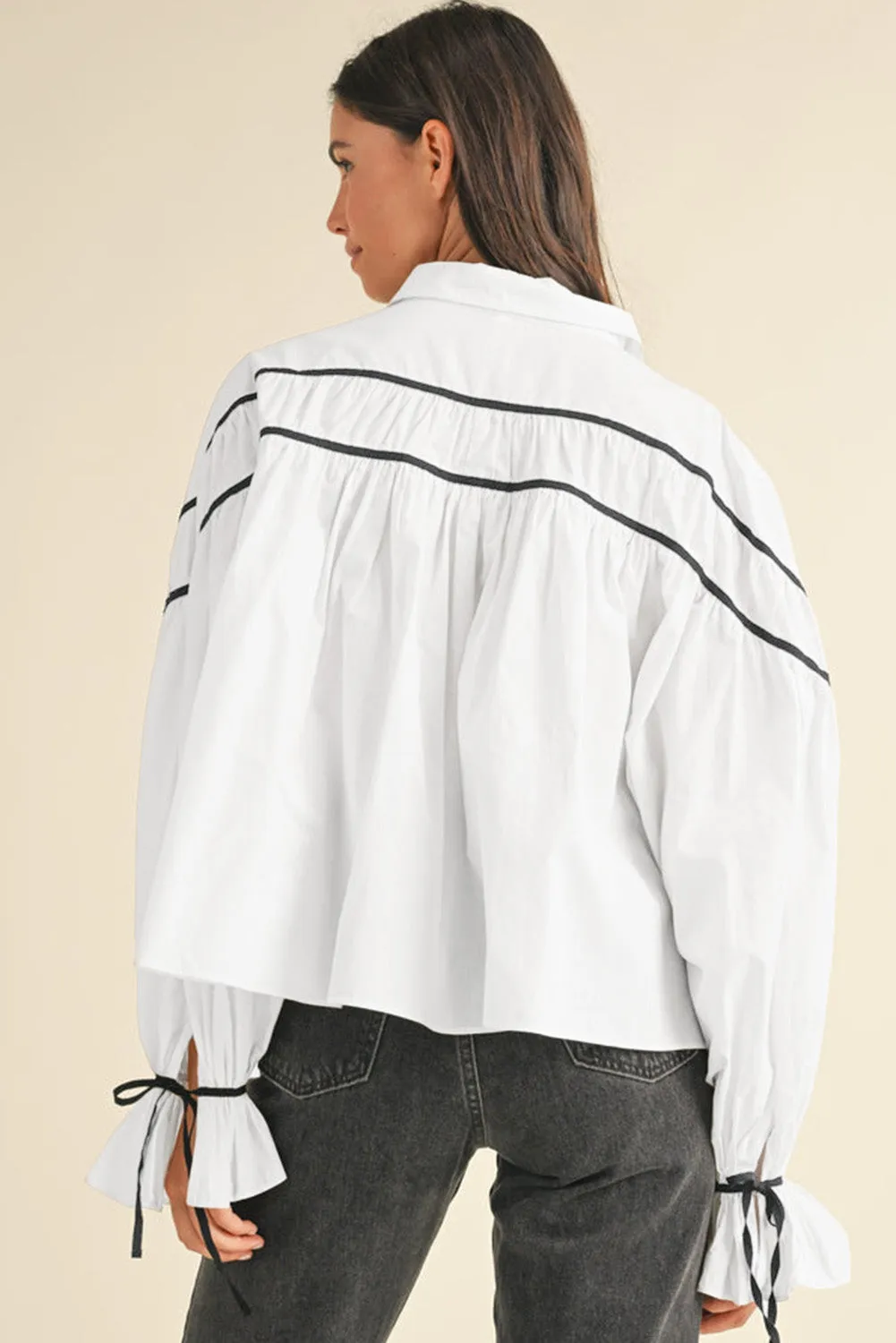 White Black Pipping Ribbon Bowtie Collared Ruffled Puff Sleeve Shirt sold by Beagle Boutique product image thumbnail 2