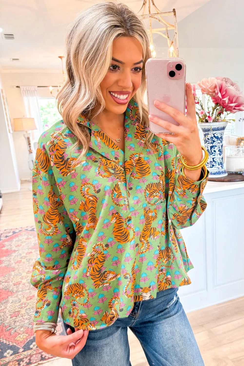 Green Tiger Floral Printed Collared V Neck Casual Shirt sold by Beagle Boutique product image thumbnail 3
