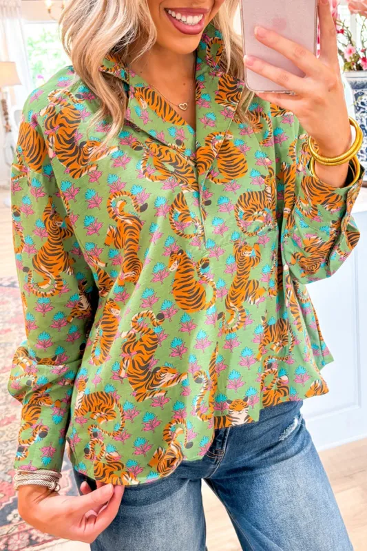 Green Tiger Floral Printed Collared V Neck Casual Shirt sold by Beagle Boutique