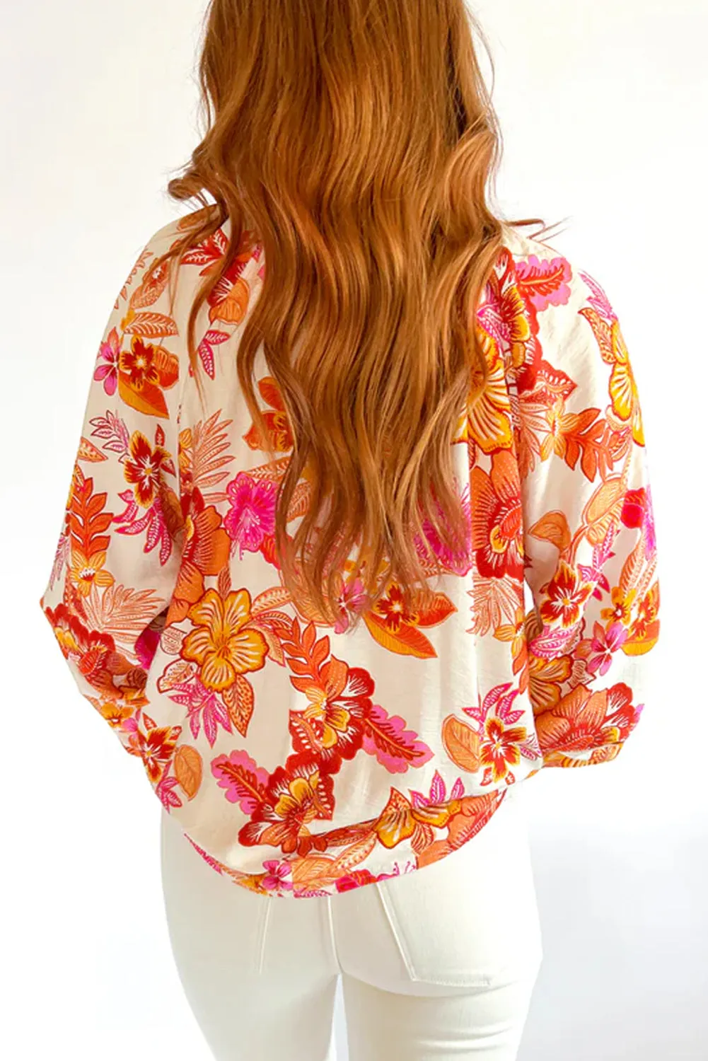 Orange Floral Print Pearl Button Keyhole Long Puff Sleeve Blouse sold by Beagle Boutique product image thumbnail 2