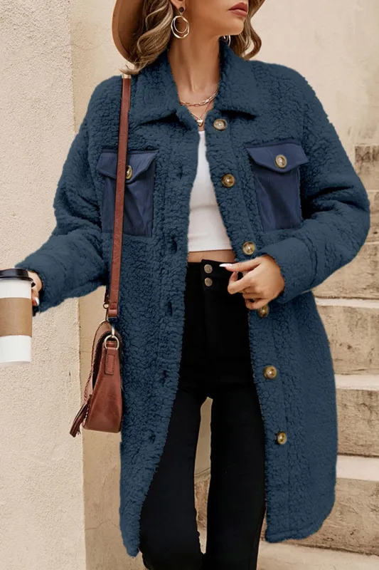 Blue Contrast Flap Pocket Single Breasted Teddy Coat sold by Beagle Boutique
