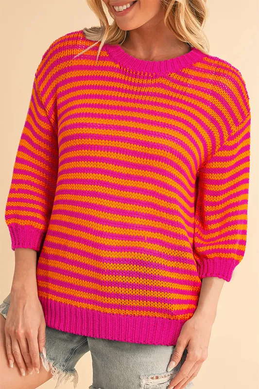Rose Stripe 3/4 Puff Sleeve Drop Shoulder Sweater sold by Beagle Boutique