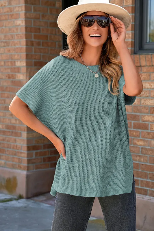 Haze Blue Short Sleeve Side Slit Oversized Sweater sold by Beagle Boutique
