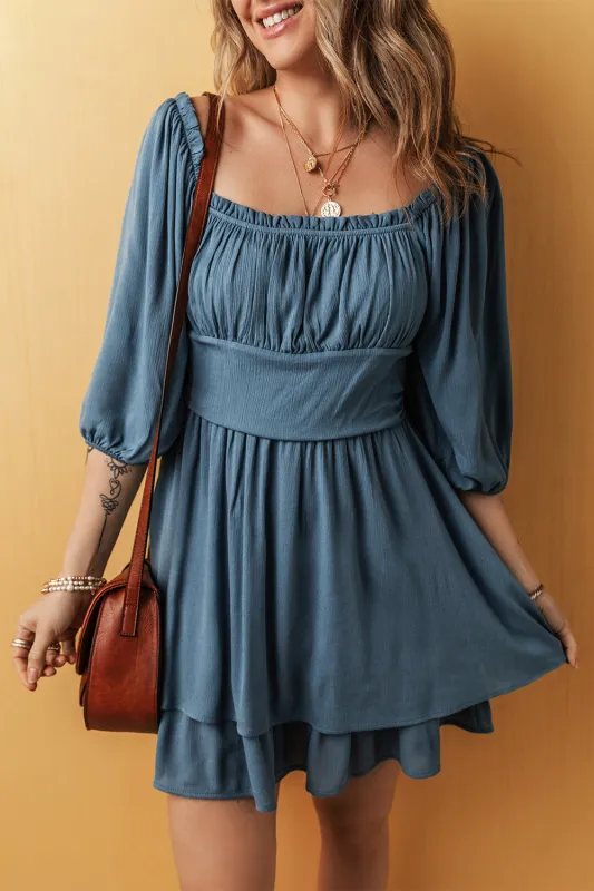 Real Teal Frilled Neckline 3/4 Sleeve Layered Ruched Mini Dress sold by Beagle Boutique