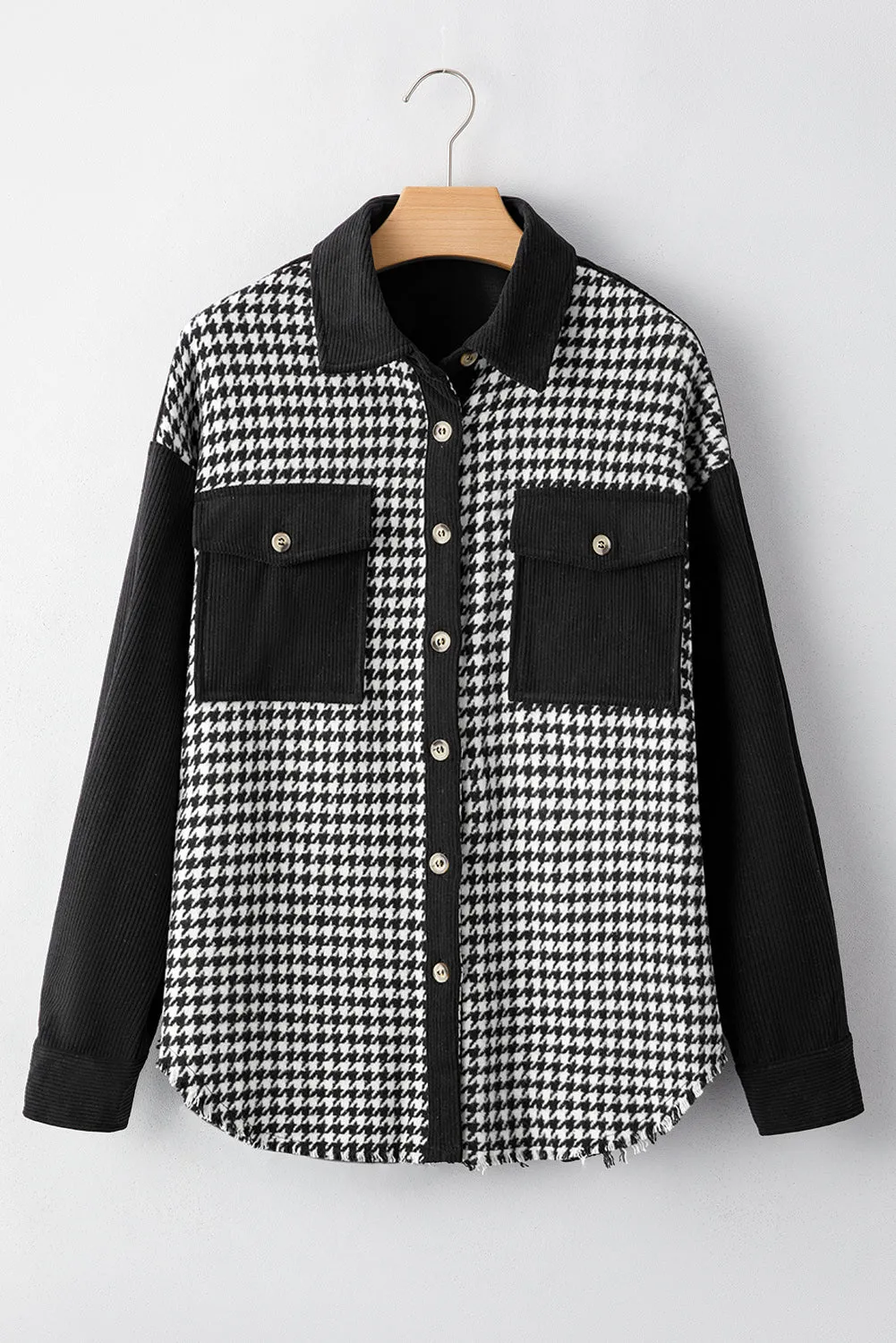 Black Houndstooth Corduroy Patchwork Flap Pocket Shacket sold by Beagle Boutique product image thumbnail 4