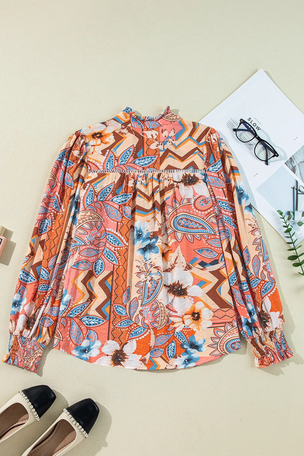 Orange Floral Print Shirred Cuff Buttoned Loose Shirt sold by Beagle Boutique product image thumbnail 2