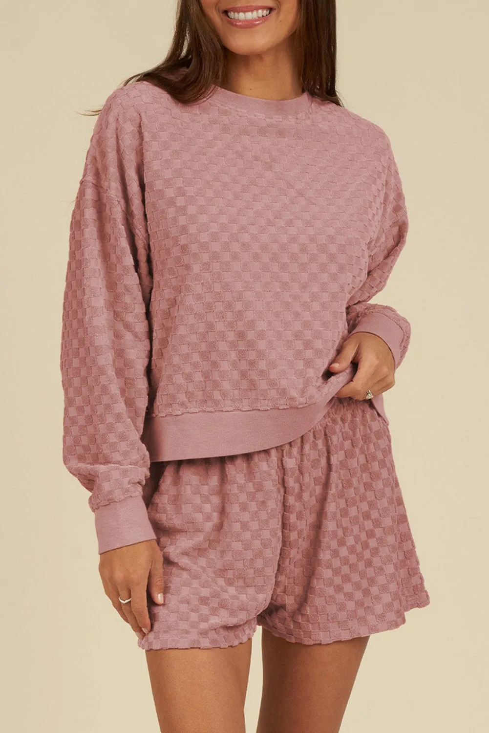 Blossom Checkered Textured Long Sleeve Top and Shorts Set sold by Beagle Boutique