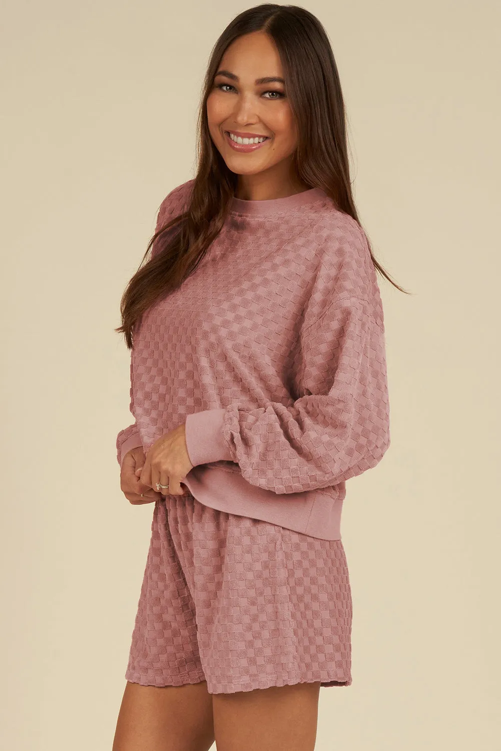 Blossom Checkered Textured Long Sleeve Top and Shorts Set sold by Beagle Boutique product image thumbnail 3