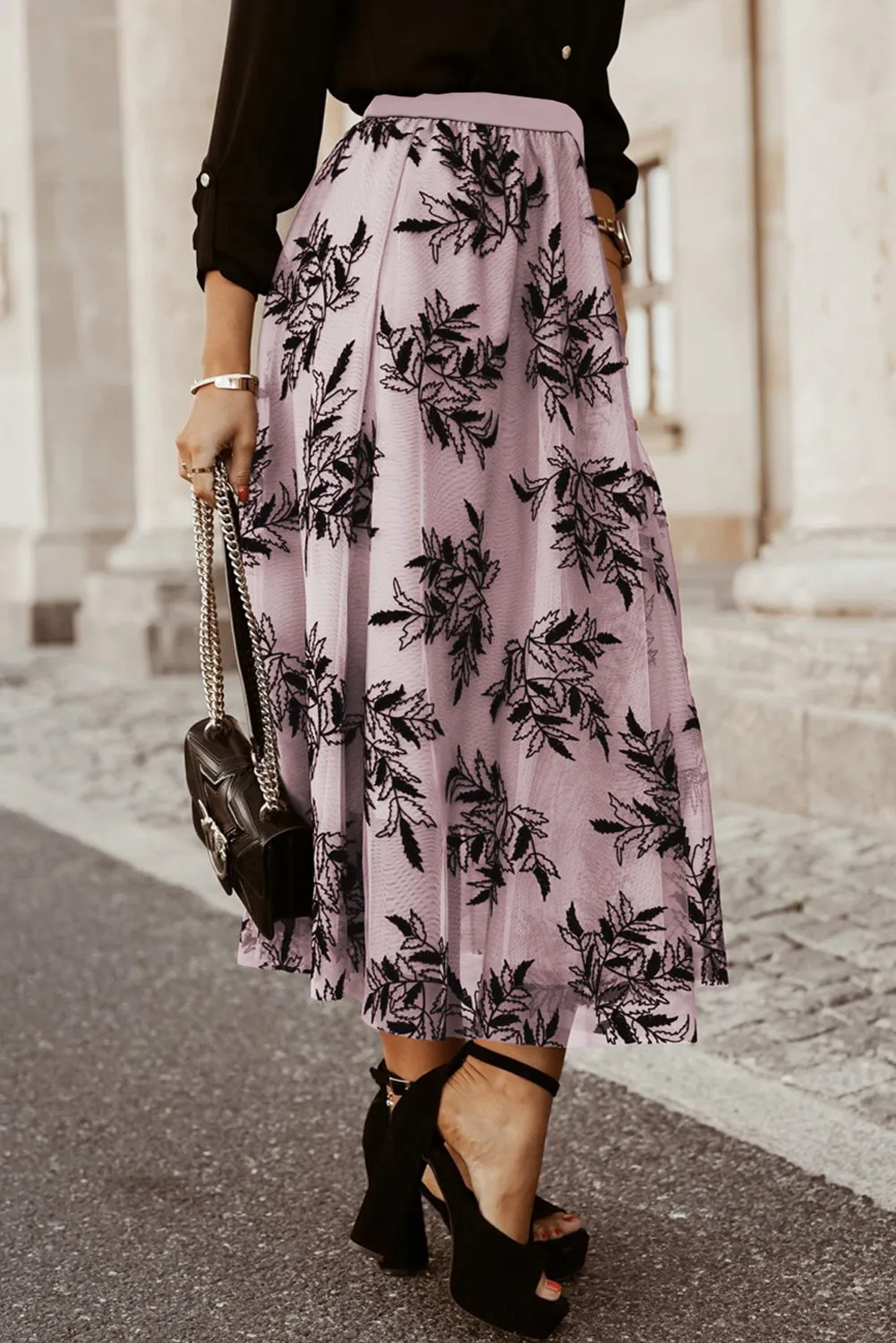Peach Blossom Floral Leaves Embroidered High Waist Maxi Skirt sold by Beagle Boutique product image thumbnail 3