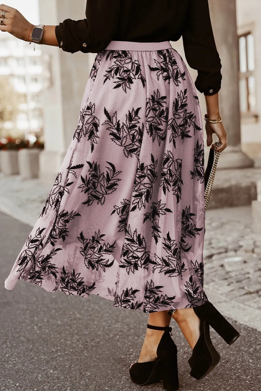 Peach Blossom Floral Leaves Embroidered High Waist Maxi Skirt sold by Beagle Boutique product image thumbnail 2