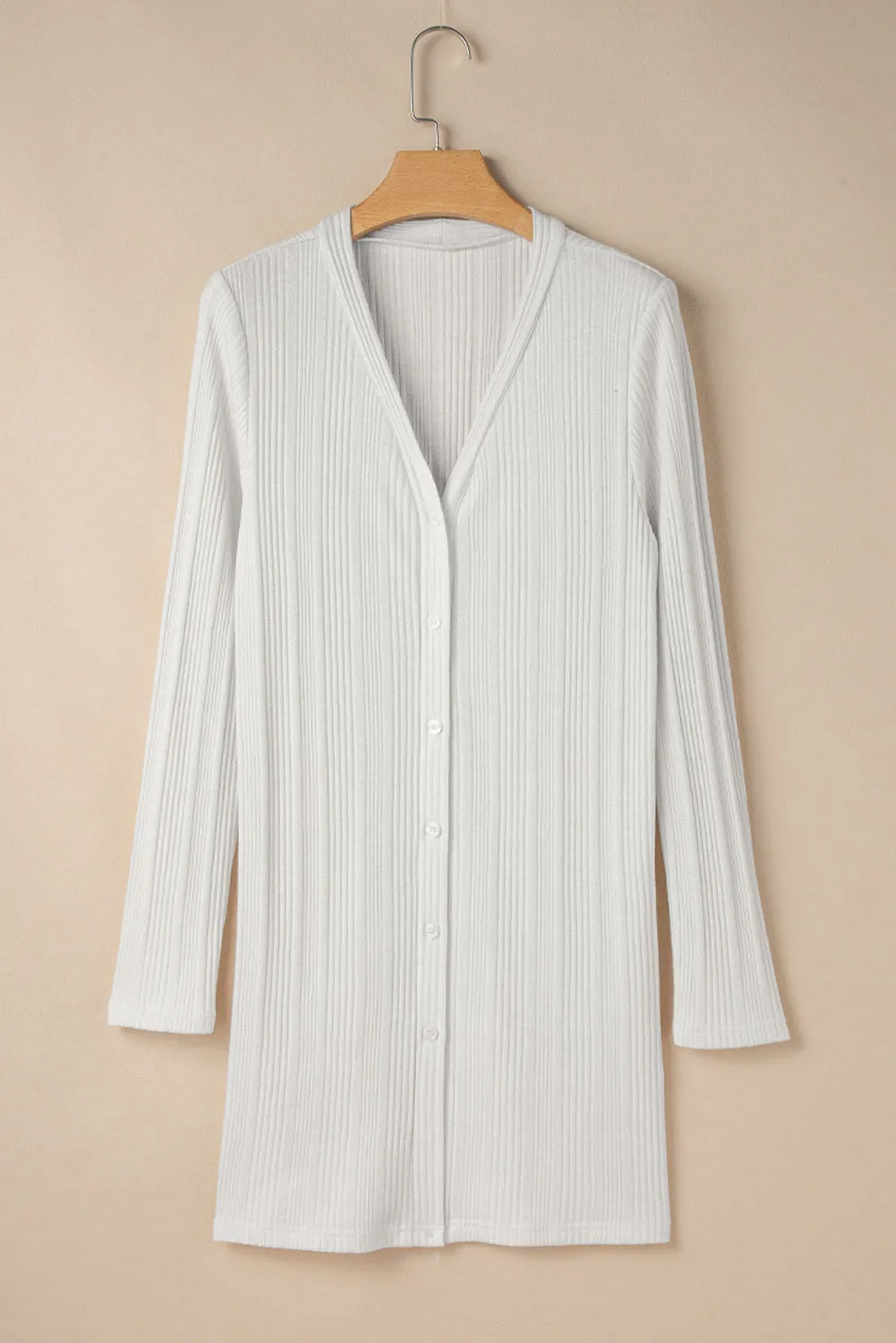 White Solid Colour Ribbed Button up Tunic Cardigan sold by Beagle Boutique