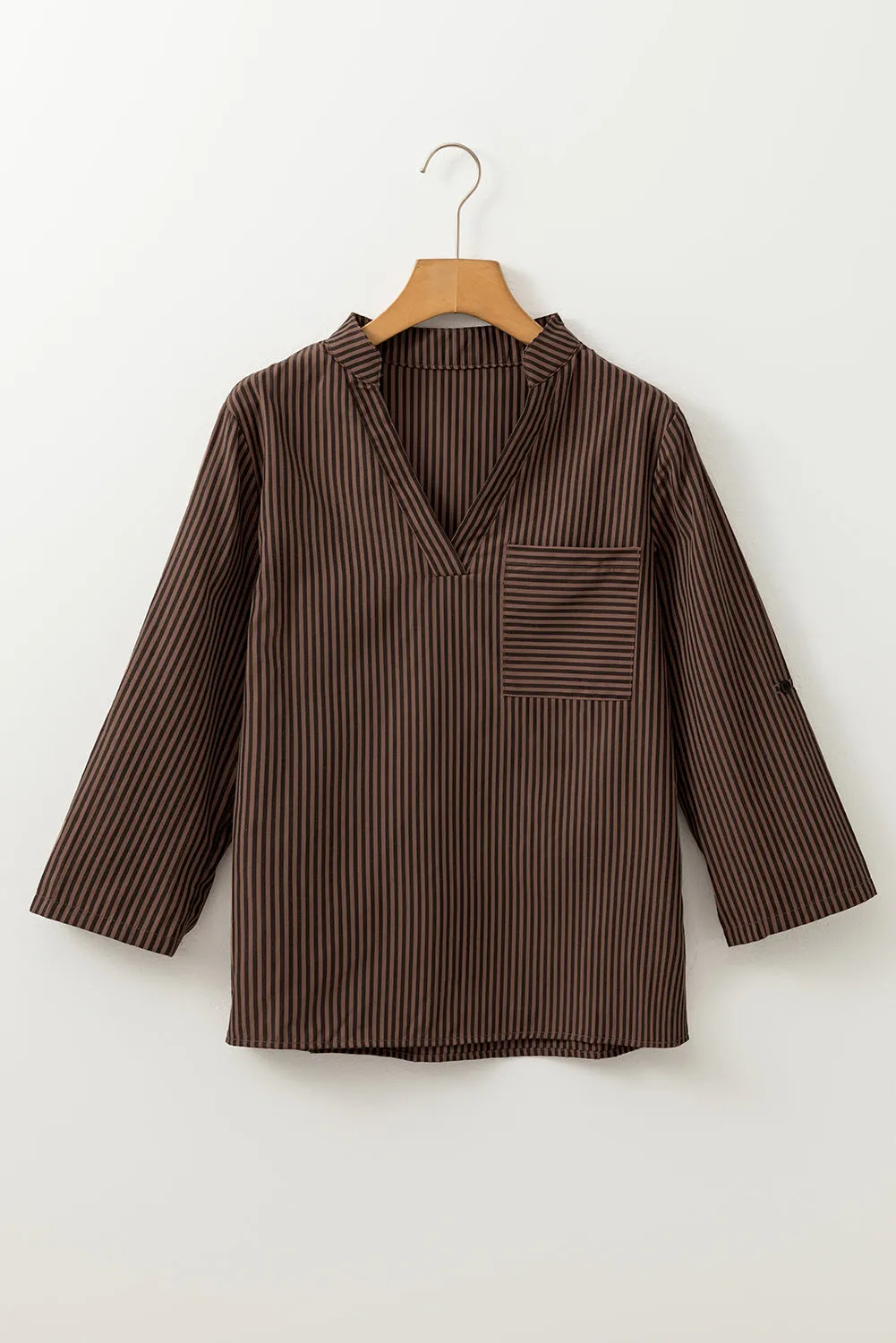 Brown Stripe V Neck Roll Up Sleeve Pocket Patched Classic Shirt sold by Beagle Boutique product image thumbnail 4