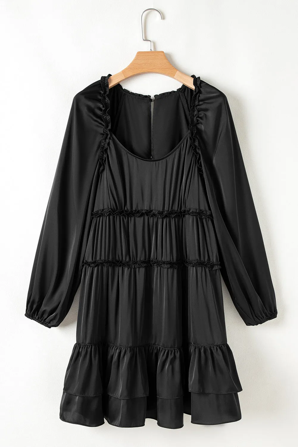 Black Tiered Ruffled Puff Sleeve Loose Fit Mini Dress sold by Beagle Boutique product image thumbnail 4