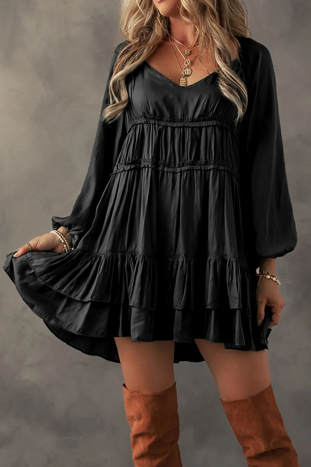 Black Tiered Ruffled Puff Sleeve Loose Fit Mini Dress sold by Beagle Boutique