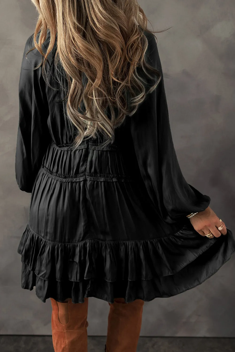 Black Tiered Ruffled Puff Sleeve Loose Fit Mini Dress sold by Beagle Boutique product image thumbnail 2