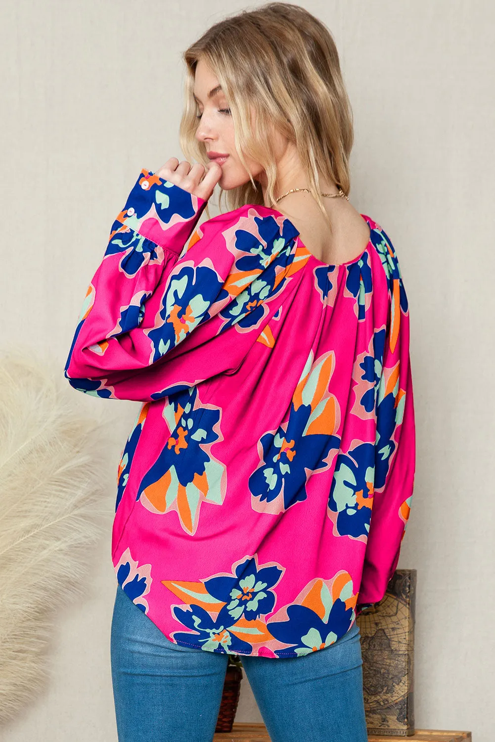 Rose Floral Pattern V Neck Balloon Sleeve Plus Size Blouse sold by Beagle Boutique product image thumbnail 4