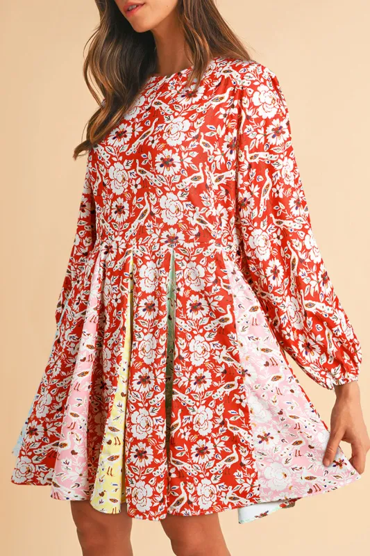 Red Colorful Floral Patchwork Long Sleeve Pleated Mini Dress sold by Beagle Boutique