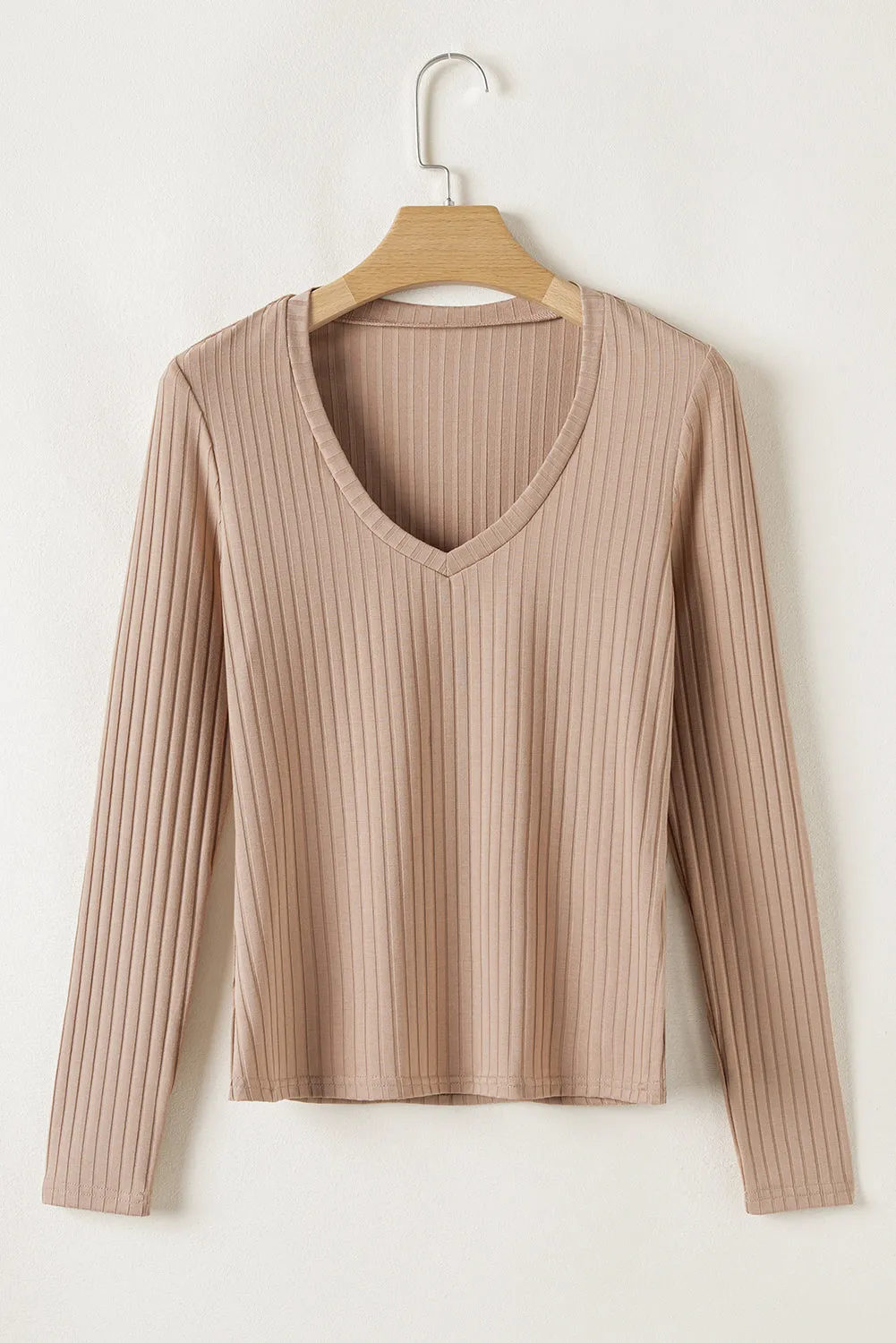 Straw Yellow Ribbed Knit V Neck Long Sleeve Slim Fit Top sold by Beagle Boutique product image thumbnail 2