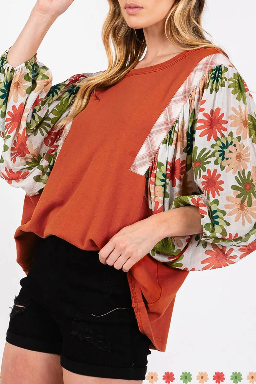 Desert Gold Floral Puff Sleeve Patchwork Round Neck Blouse sold by Beagle Boutique