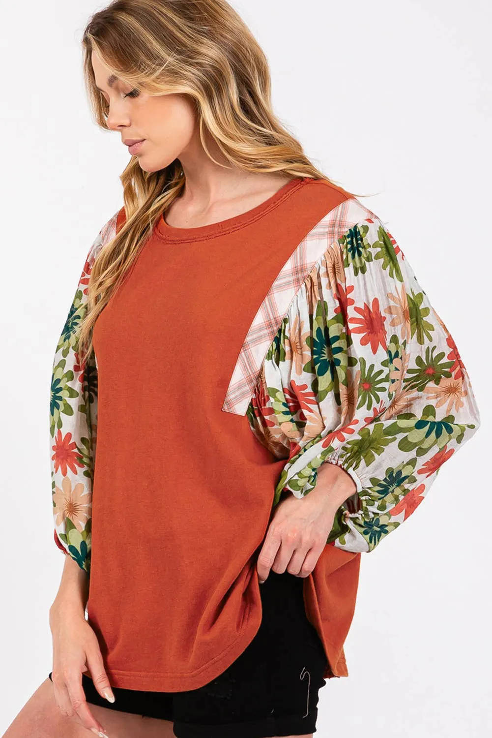 Desert Gold Floral Puff Sleeve Patchwork Round Neck Blouse sold by Beagle Boutique product image thumbnail 3