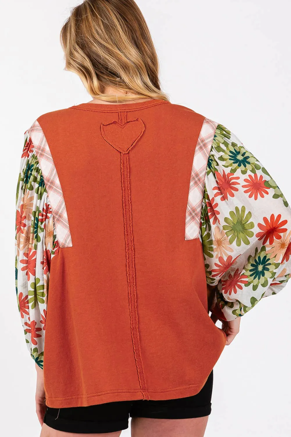 Desert Gold Floral Puff Sleeve Patchwork Round Neck Blouse sold by Beagle Boutique product image thumbnail 2