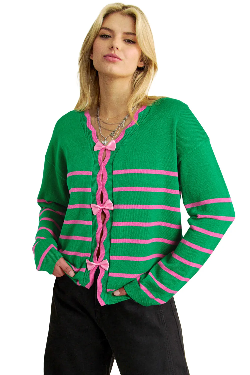 Green Stripe Ribbon Cute Bow Detail Sweater Knit Cardigan sold by Beagle Boutique product image thumbnail 4