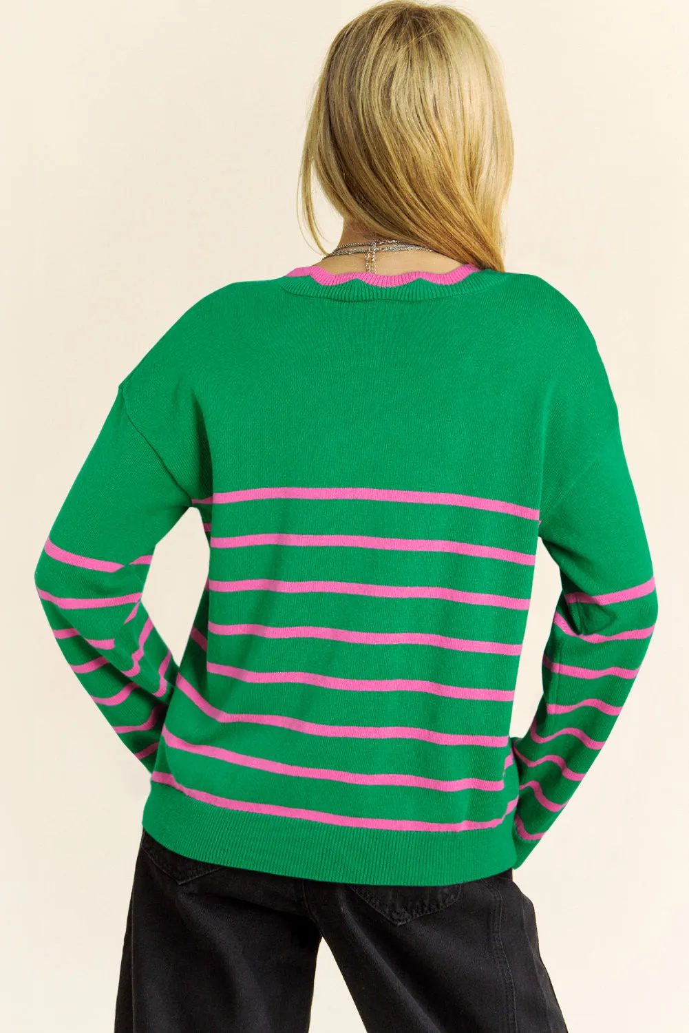 Green Stripe Ribbon Cute Bow Detail Sweater Knit Cardigan sold by Beagle Boutique product image thumbnail 2