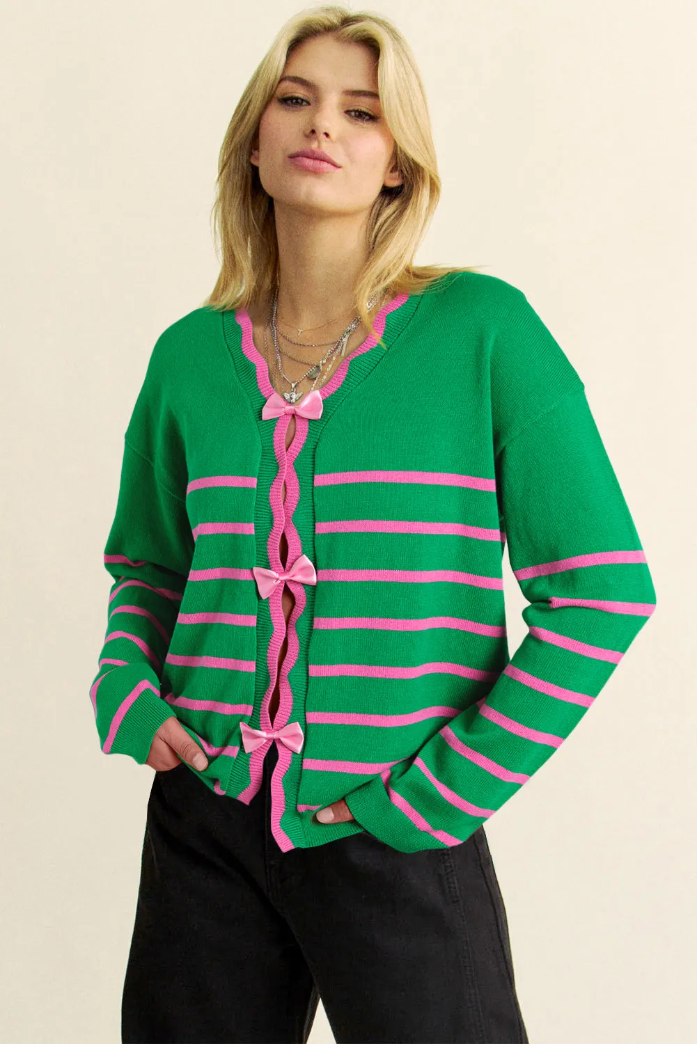 Green Stripe Ribbon Cute Bow Detail Sweater Knit Cardigan sold by Beagle Boutique product image thumbnail 3