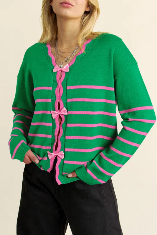 Green Stripe Ribbon Cute Bow Detail Sweater Knit Cardigan sold by Beagle Boutique