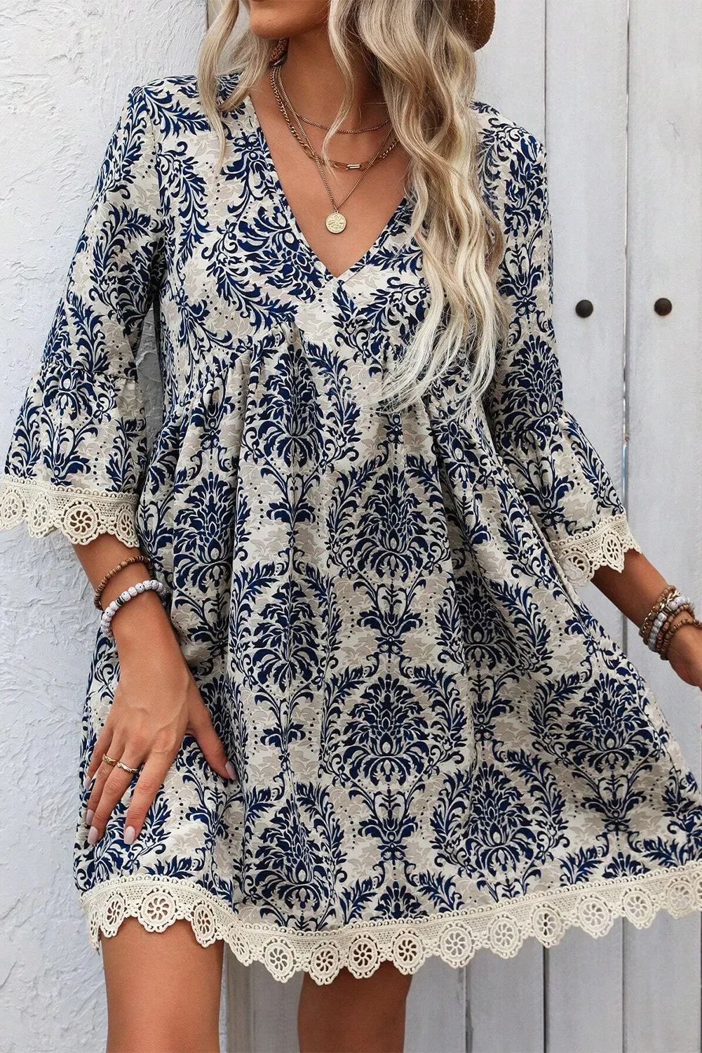 Sky Blue Vintage Printed Lace Trim V Neck 3/4 Sleeve Loose Dress sold by Beagle Boutique product image thumbnail 3
