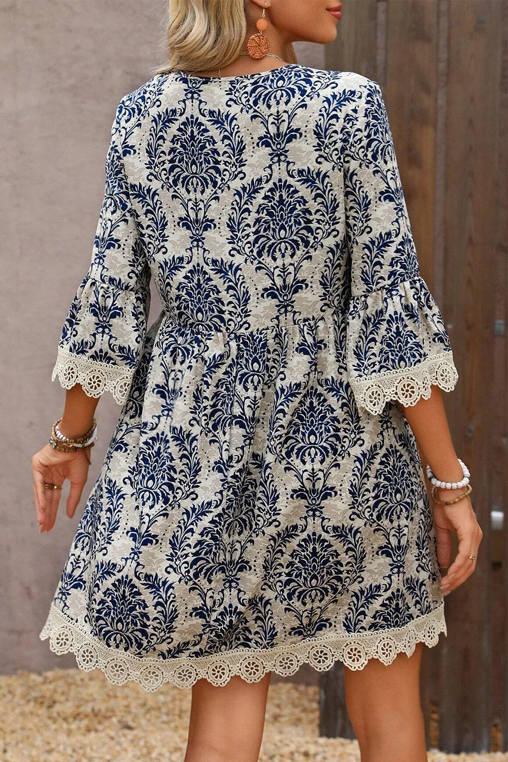 Sky Blue Vintage Printed Lace Trim V Neck 3/4 Sleeve Loose Dress sold by Beagle Boutique product image thumbnail 2