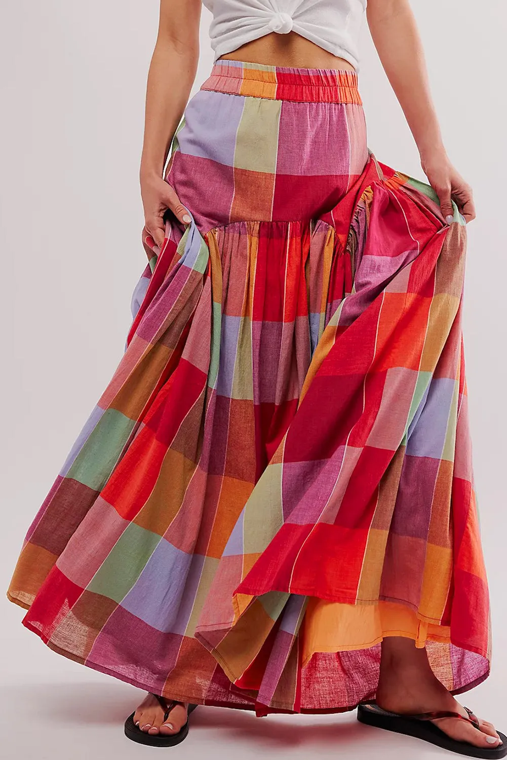 Multicolour Plaid Print Ruched High Waist Casual Maxi Skirt sold by Beagle Boutique