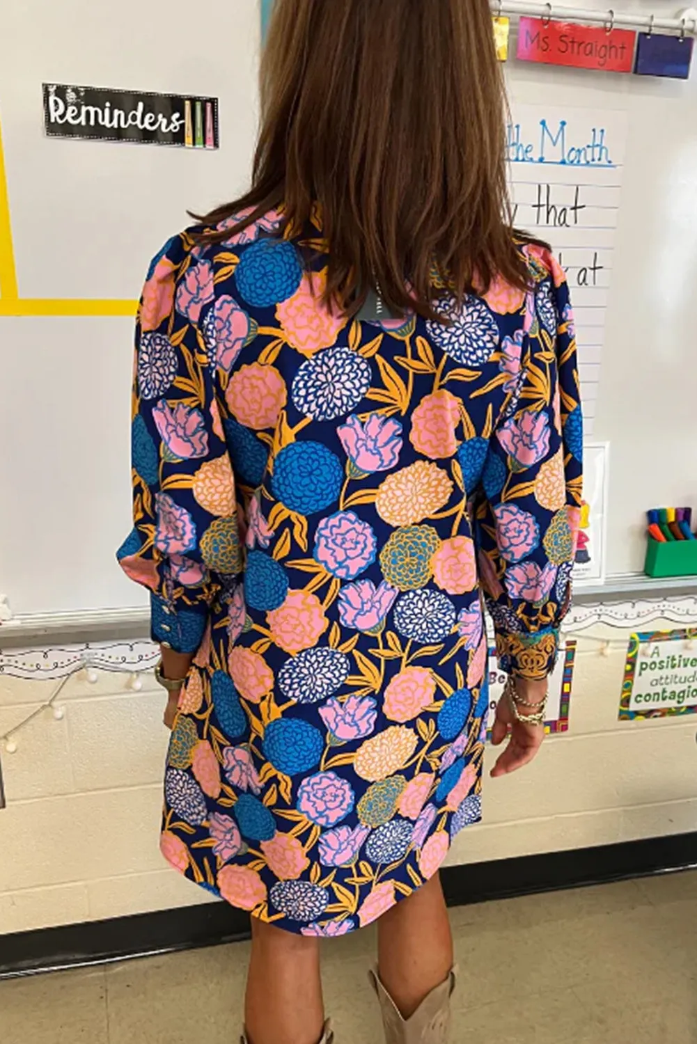 Navy Blue Hydrangea Floral Print Bishop Sleeve V Neck Shift Dress sold by Beagle Boutique product image thumbnail 2