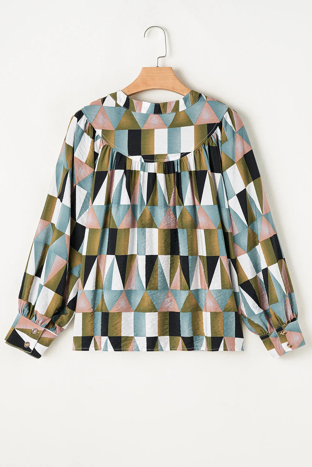 Green Geometric Print Buttoned Balloon Sleeve Loose Fit Shirt sold by Beagle Boutique product image thumbnail 5
