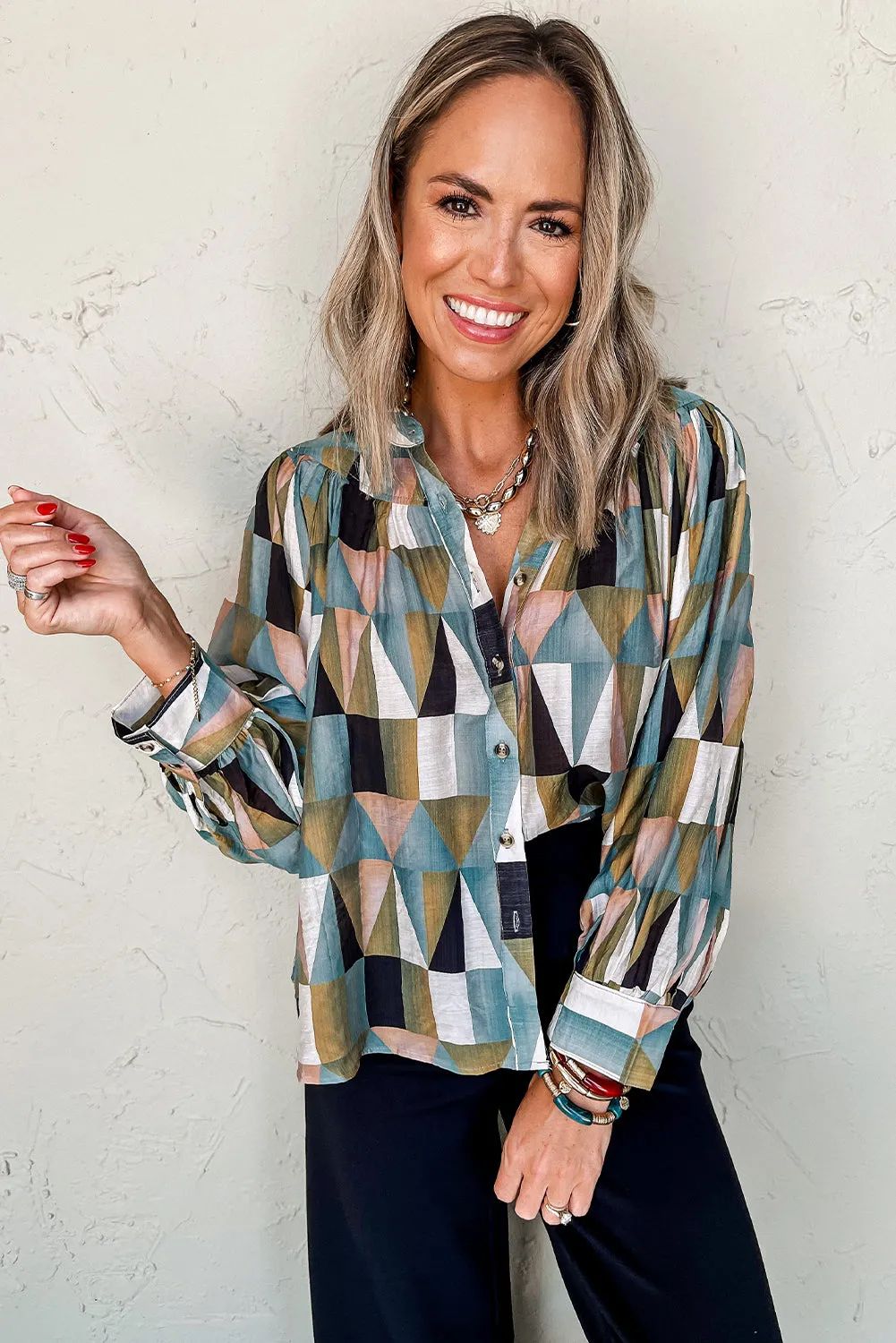 Green Geometric Print Buttoned Balloon Sleeve Loose Fit Shirt sold by Beagle Boutique product image thumbnail 3