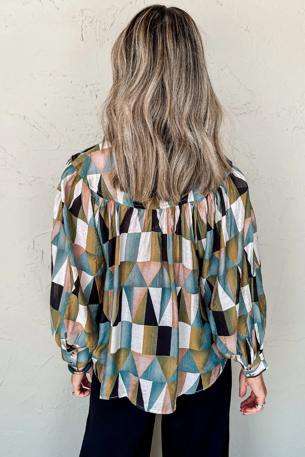 Green Geometric Print Buttoned Balloon Sleeve Loose Fit Shirt sold by Beagle Boutique product image thumbnail 2