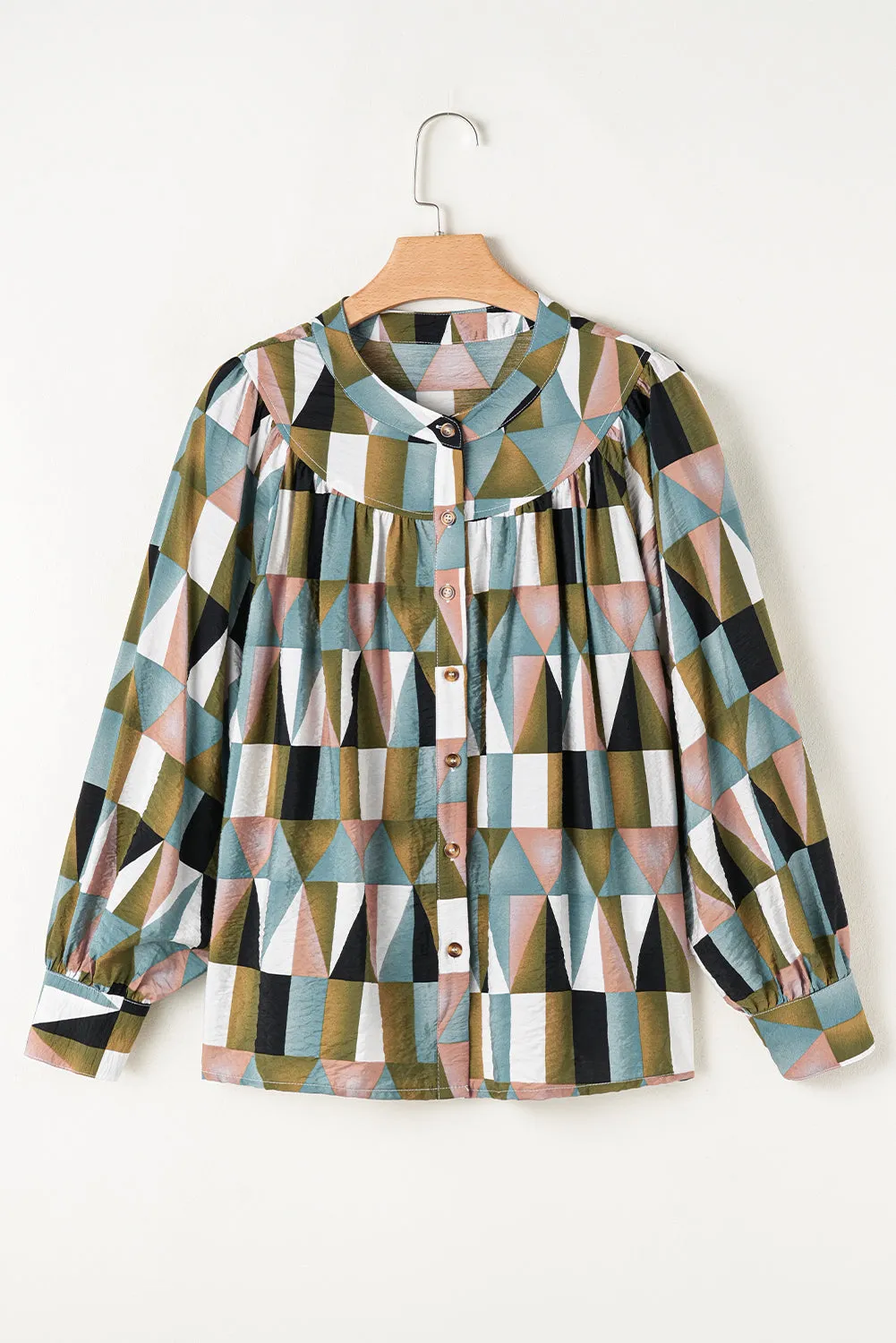 Green Geometric Print Buttoned Balloon Sleeve Loose Fit Shirt sold by Beagle Boutique product image thumbnail 4