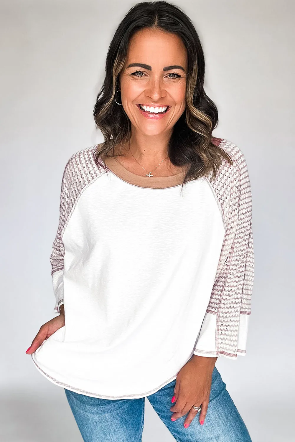 White Striped Bracelet Sleeve Raglan Patchwork Top sold by Beagle Boutique product image thumbnail 3