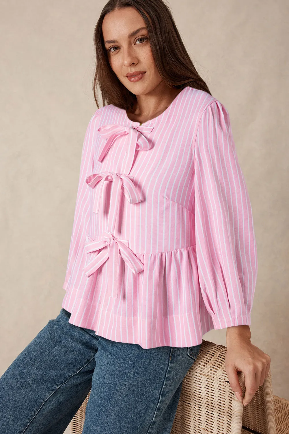Pink Stripe Bowknot Front Crew Neck Puff Sleeve Blouse sold by Beagle Boutique product image thumbnail 3