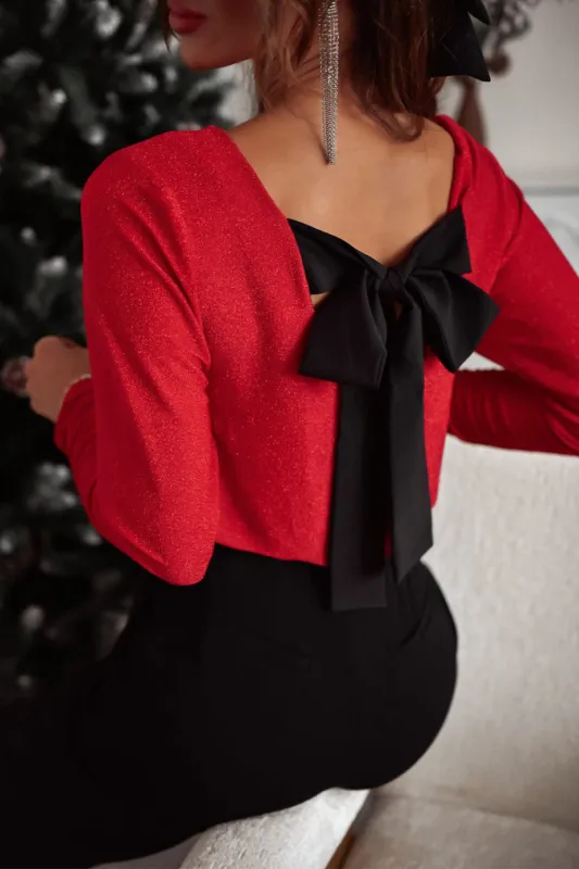 Red Metallic Bowknot Open Back V-Neck Top sold by Beagle Boutique