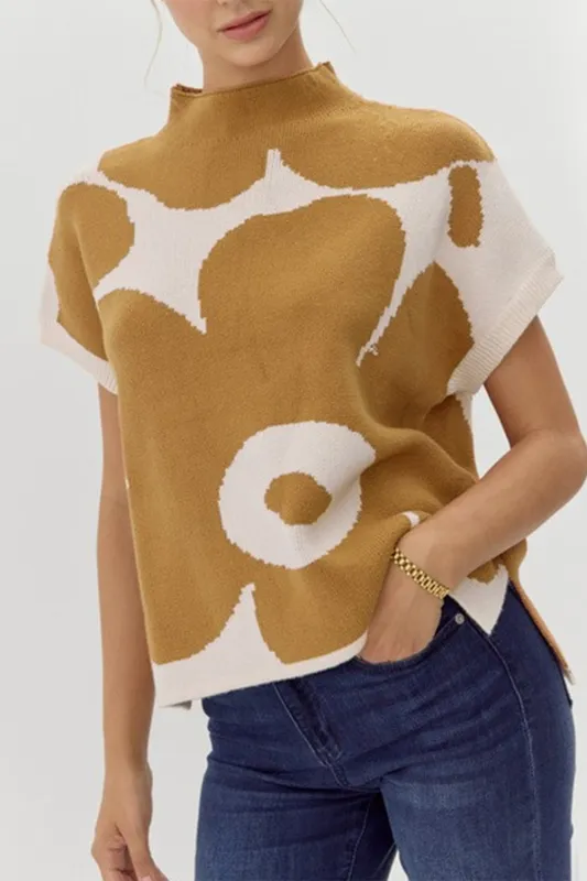 Camel Big Flower Pattern Stand Neck Short Sleeve Sweater sold by Beagle Boutique