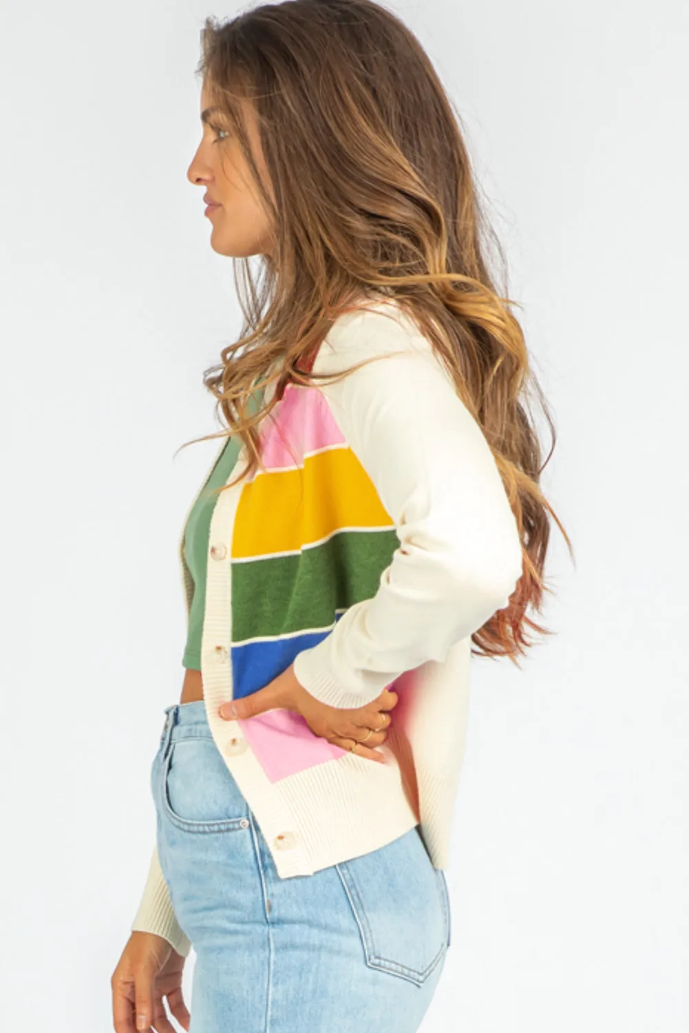 White Stripe Colourful Pattern Button Front Sweater Cardigan sold by Beagle Boutique product image thumbnail 3